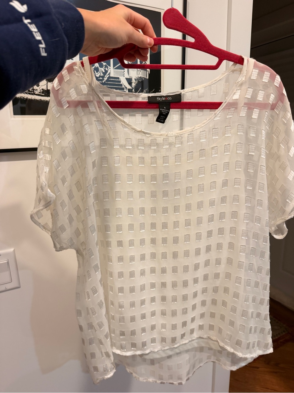 Style & Co. White Sheer Square-Pattern Short Sleeve Blouse